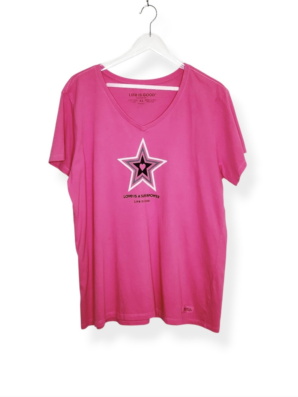 Life is Good Love is a Superpower Star Pink Short Sleeve T-Shirt Women's Size XL